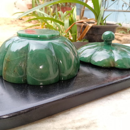 Mughal Green Columbine Jade Bowl with Lid – Handcrafted Natural Jade Stone Decorative Storage Bowl for Luxury Décor & Gifting