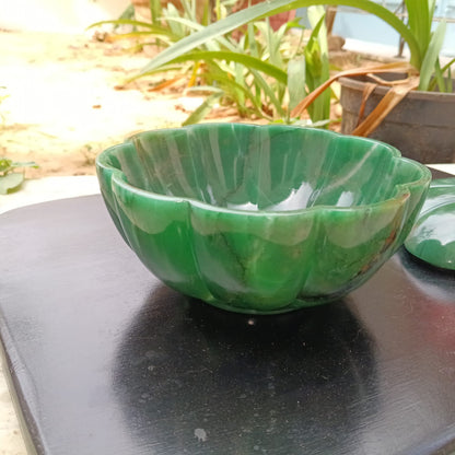 Mughal Green Columbine Jade Bowl with Lid – Handcrafted Natural Jade Stone Decorative Storage Bowl for Luxury Décor & Gifting