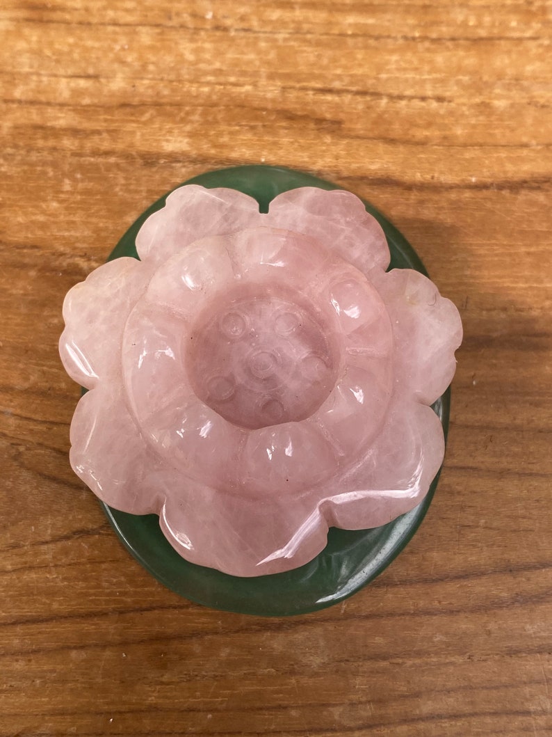 Rose Quartz Lotus Candle Stand with Green Aventurine Base