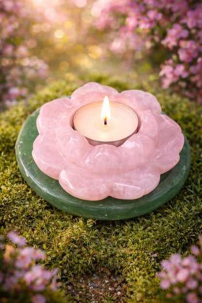 Rose Quartz Lotus Candle Stand with Green Aventurine Base