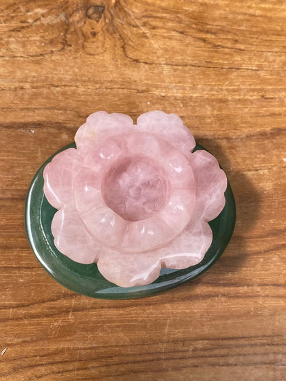 Rose Quartz Lotus Candle Stand with Green Aventurine Base