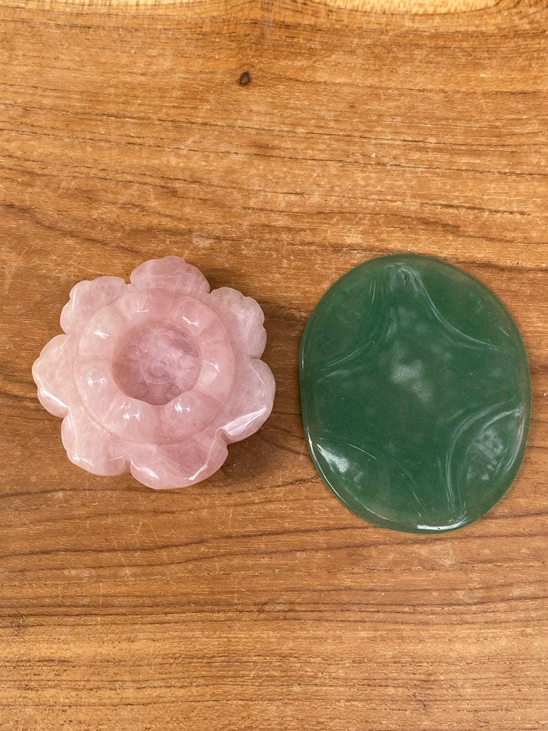 Rose Quartz Lotus Candle Stand with Green Aventurine Base