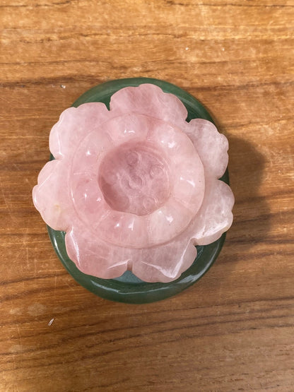 Rose Quartz Lotus Candle Stand with Green Aventurine Base