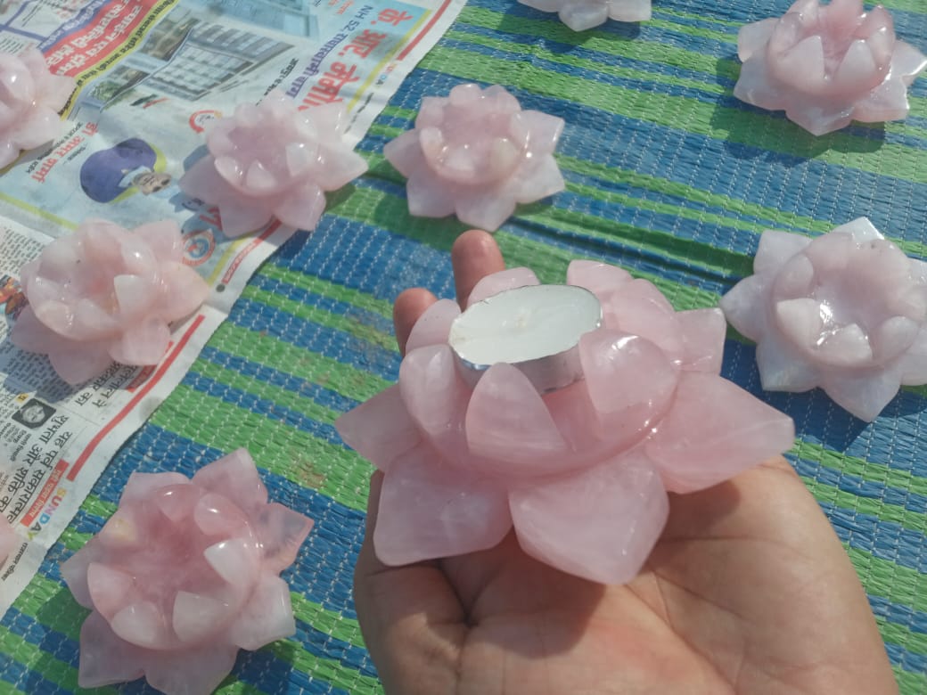Rose Quartz Lotus Candle Stand with Green Aventurine Base