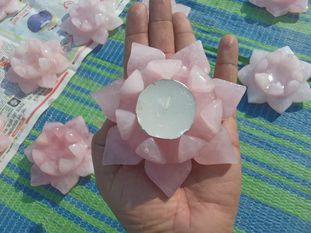 Rose Quartz Lotus Candle Stand with Green Aventurine Base
