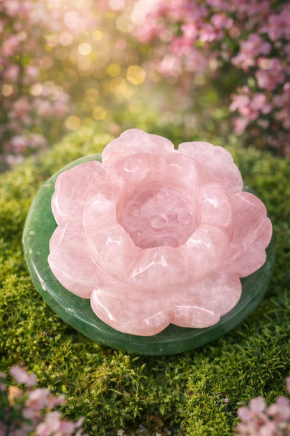 Rose Quartz Lotus Candle Stand with Green Aventurine Base