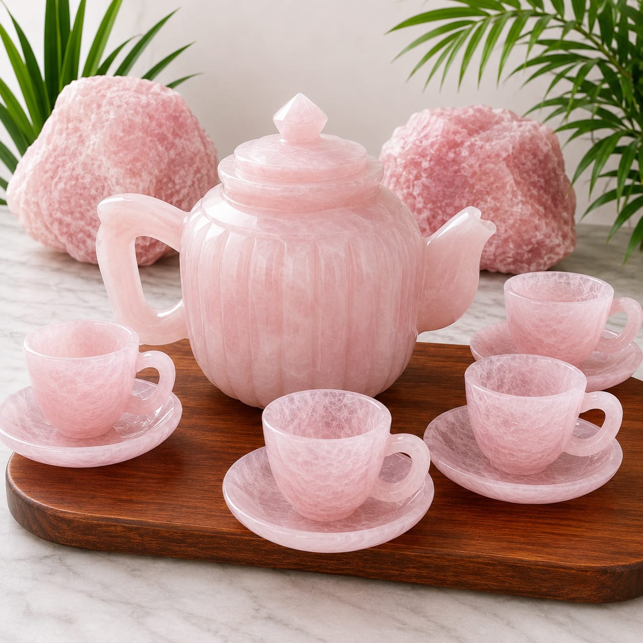 Luxury Rose Quartz Tea Pot Set with Cups & Saucers – Handcrafted Natural Gemstone Tea Set - ART AKASHA STUDIO