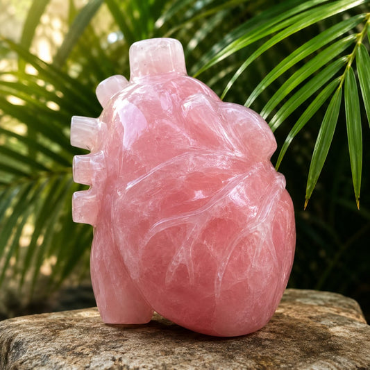 Handcrafted Rose Quartz Anatomical Heart Sculpture – Natural Crystal Heart Décor