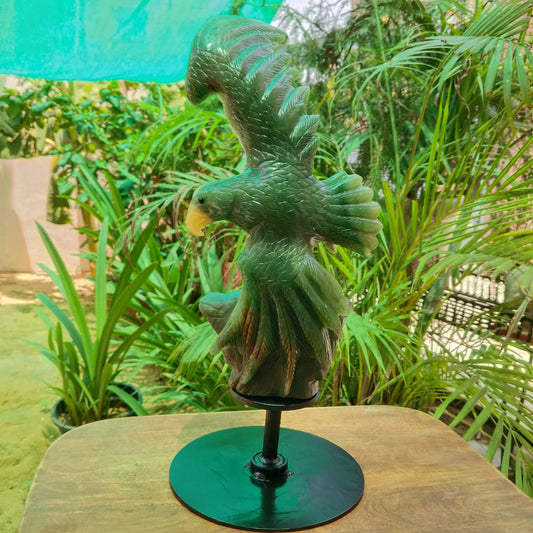 Hand-Carved Green Jade Eagle Sculpture on Metal Stand | Luxury Gemstone Décor