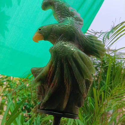 Hand-Carved Green Jade Eagle Sculpture on Metal Stand | Luxury Gemstone Décor