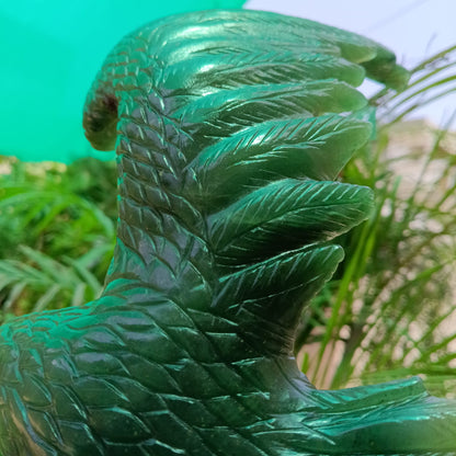 Hand-Carved Green Jade Eagle Sculpture on Metal Stand | Luxury Gemstone Décor