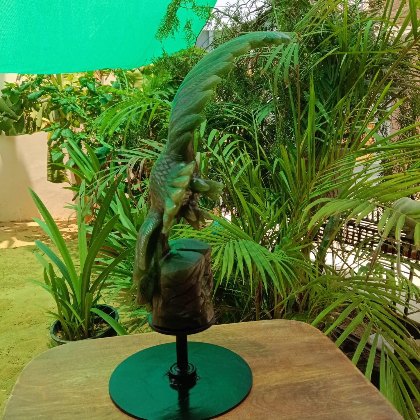 Hand-Carved Green Jade Eagle Sculpture on Metal Stand | Luxury Gemstone Décor