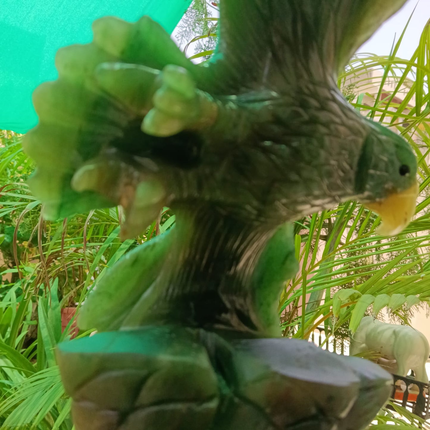 Hand-Carved Green Jade Eagle Sculpture on Metal Stand | Luxury Gemstone Décor