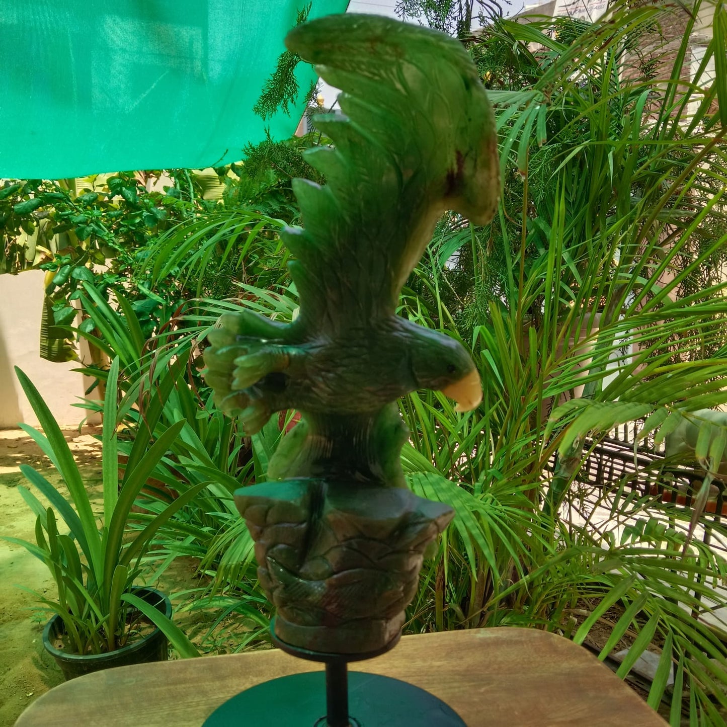 Hand-Carved Green Jade Eagle Sculpture on Metal Stand | Luxury Gemstone Décor