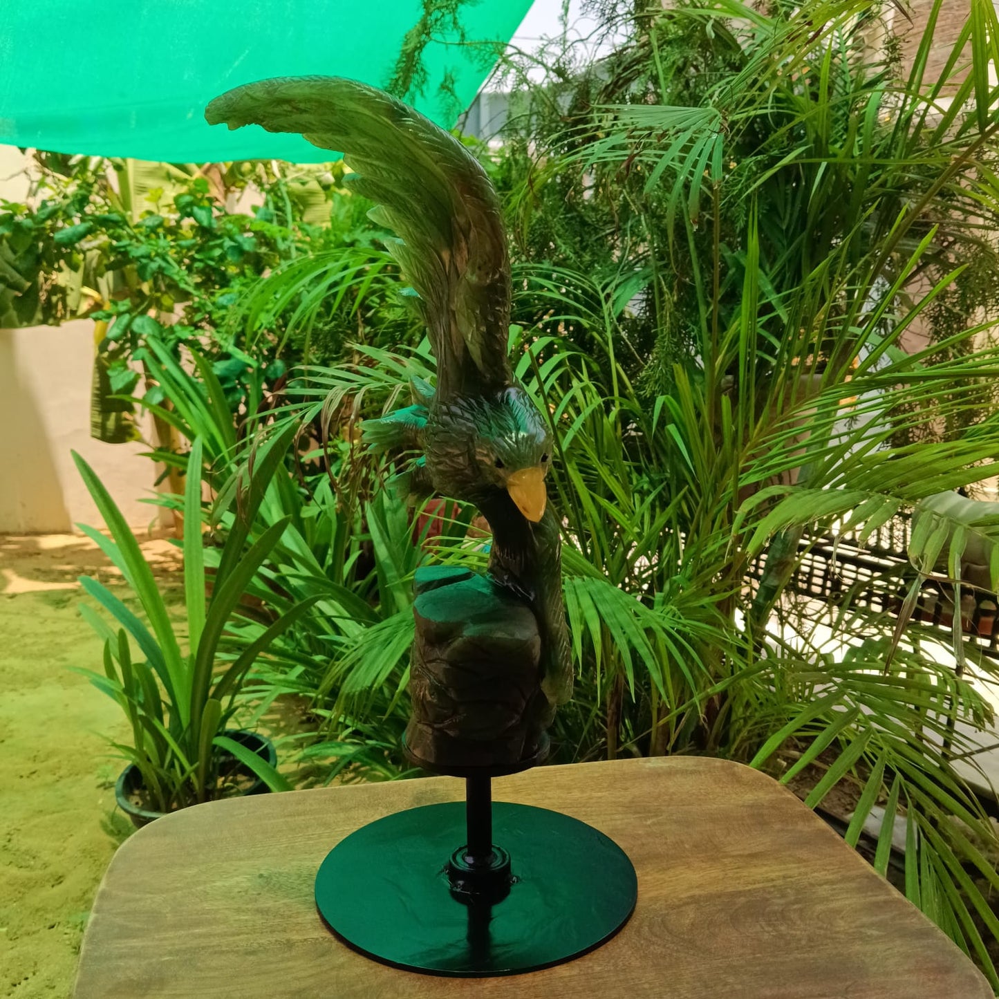 Hand-Carved Green Jade Eagle Sculpture on Metal Stand | Luxury Gemstone Décor