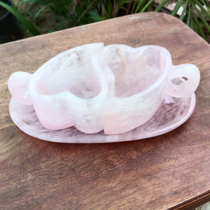 Handcrafted Rose Quartz Heart Coffee Cup Set with Tray | Luxury Couple Gift