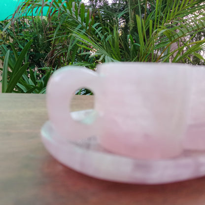 Handcrafted Rose Quartz Heart Coffee Cup Set with Tray | Luxury Couple Gift
