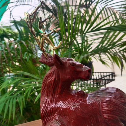 Natural Red Jasper Alaskan Deer Sculpture with Brass Antlers | Handcrafted Gemstone Décor | Sahaj Hast