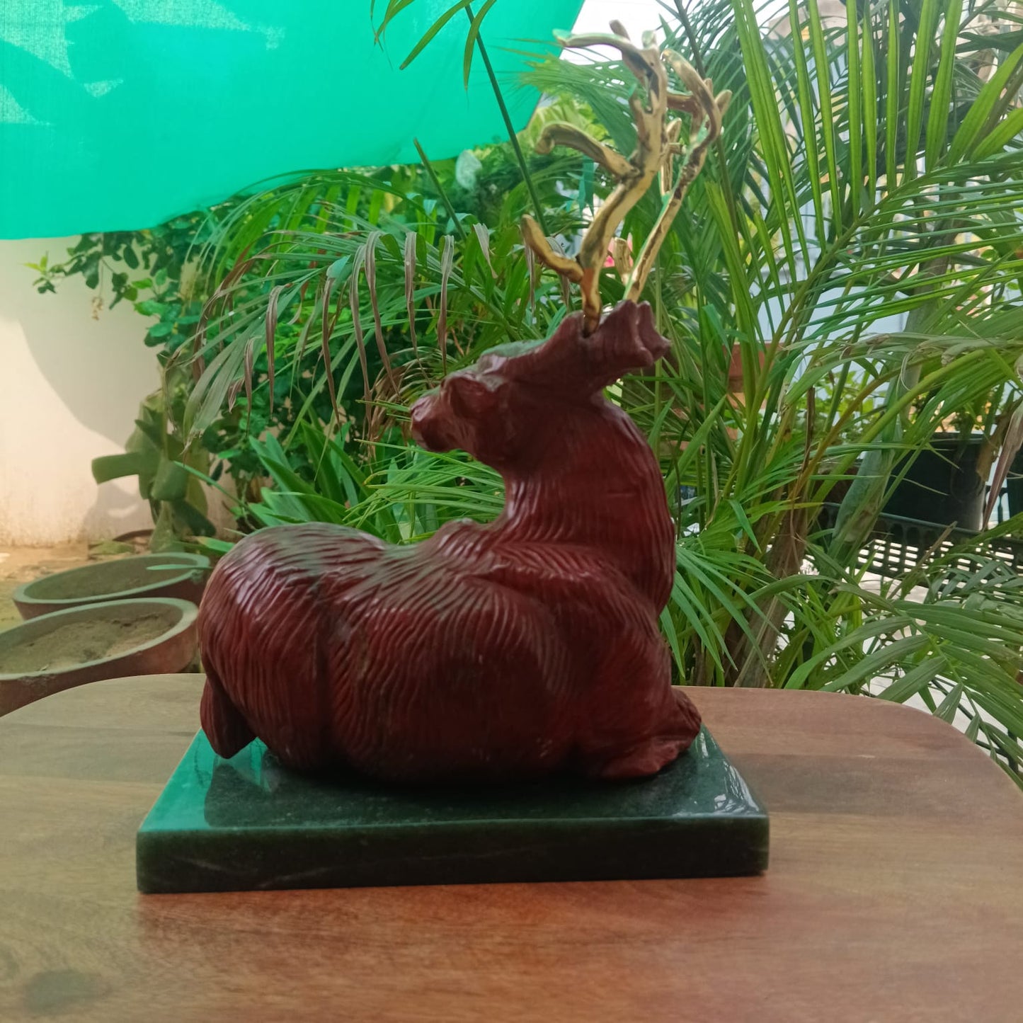 Natural Red Jasper Alaskan Deer Sculpture with Brass Antlers | Handcrafted Gemstone Décor | Sahaj Hast