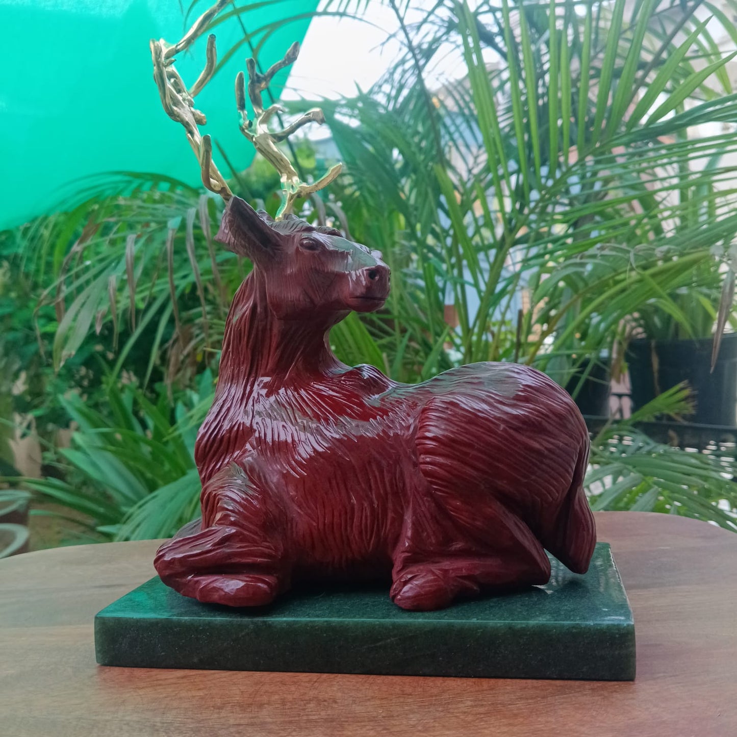 Natural Red Jasper Alaskan Deer Sculpture with Brass Antlers | Handcrafted Gemstone Décor | Sahaj Hast