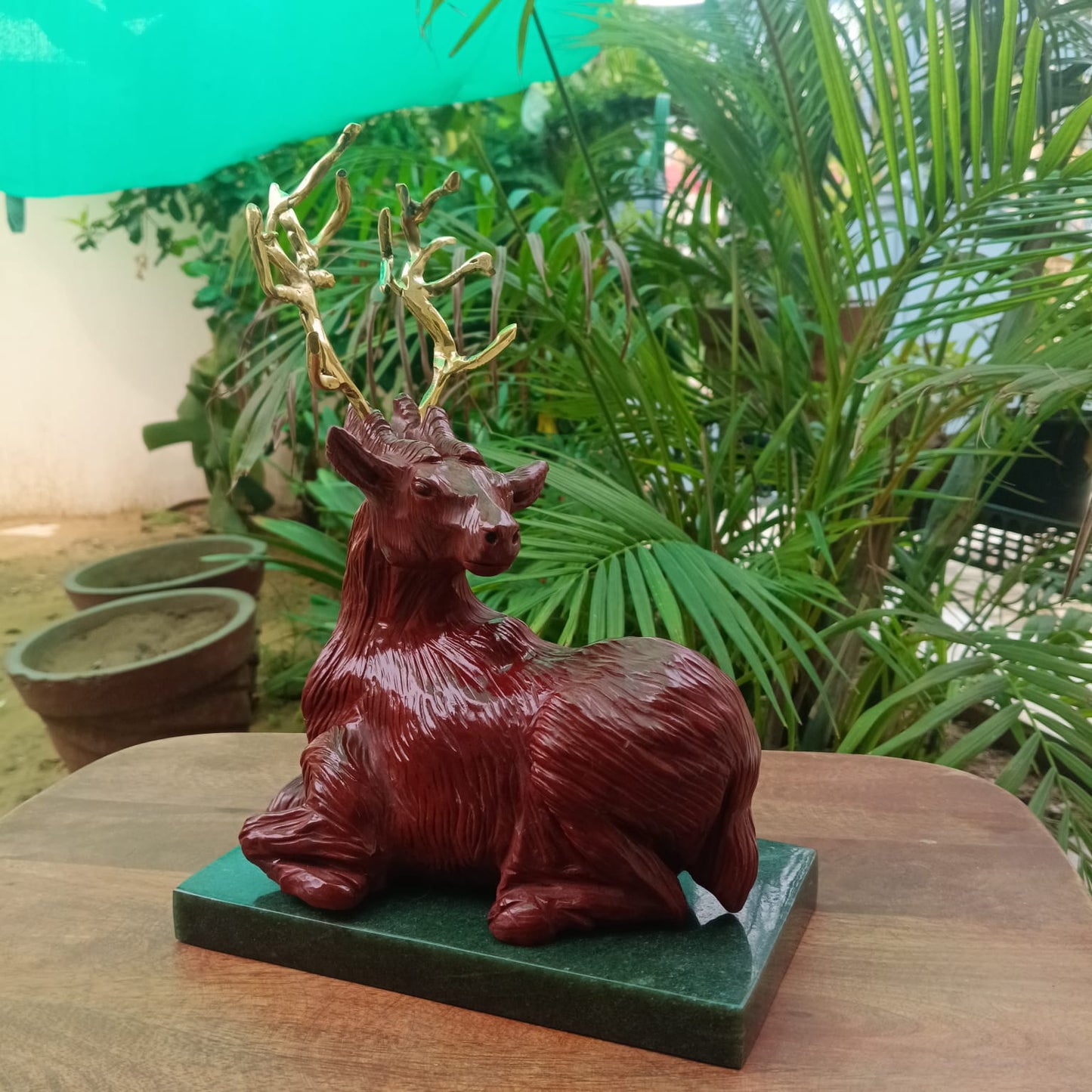 Natural Red Jasper Alaskan Deer Sculpture with Brass Antlers | Handcrafted Gemstone Décor | Sahaj Hast