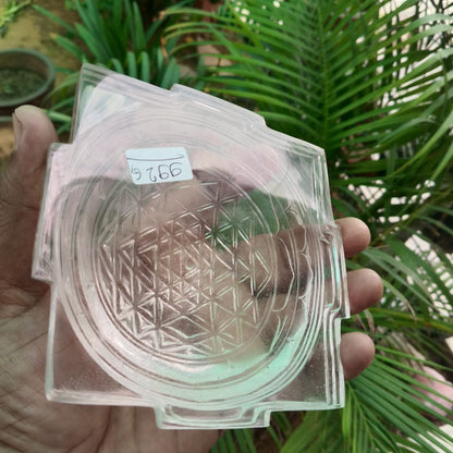 Natural Clear Quartz Shree Yantra | Hand-Carved Sacred Geometry Crystal | 992g | Luxury Vastu & Meditation Décor