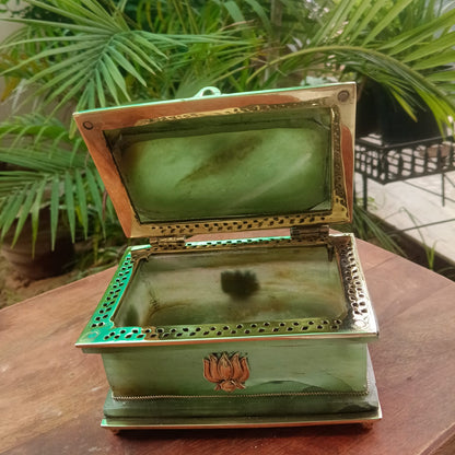 SahajHast Handcrafted Green Aventurine Gemstone Jewelry Box with Lotus Brass Detailing