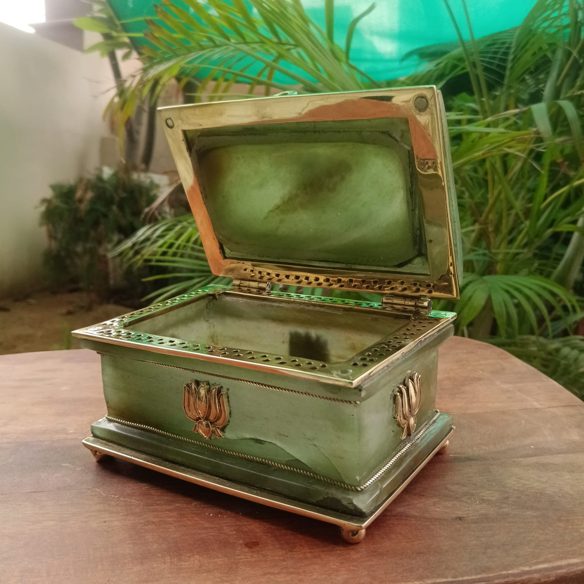SahajHast Handcrafted Green Aventurine Gemstone Jewelry Box with Lotus Brass Detailing