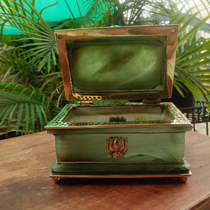 SahajHast Handcrafted Green Aventurine Gemstone Jewelry Box with Lotus Brass Detailing