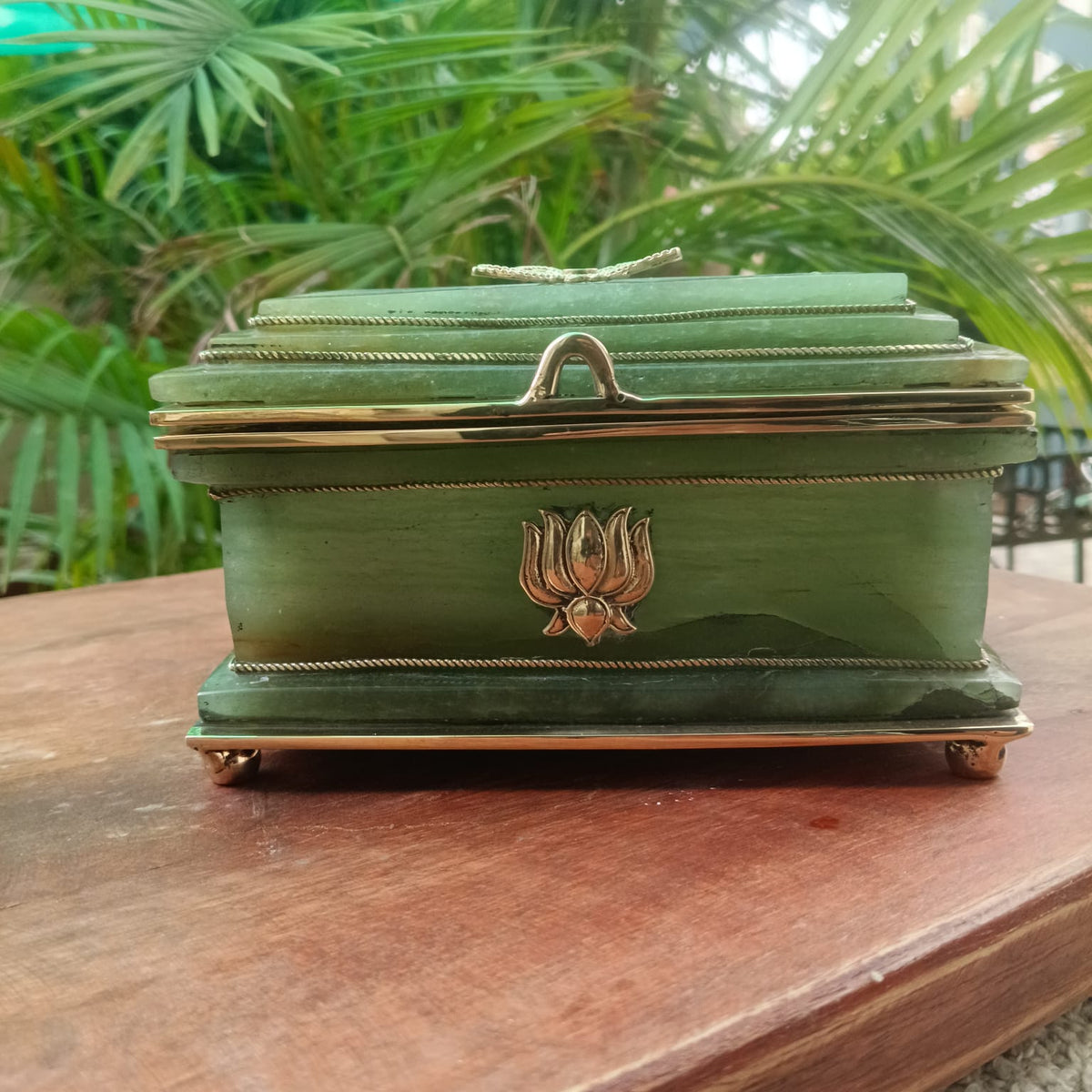 SahajHast Handcrafted Green Aventurine Gemstone Jewelry Box with Lotus Brass Detailing