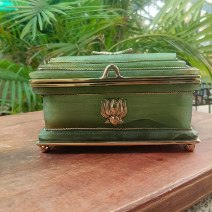 SahajHast Handcrafted Green Aventurine Gemstone Jewelry Box with Lotus Brass Detailing
