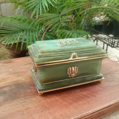 SahajHast Handcrafted Green Aventurine Gemstone Jewelry Box with Lotus Brass Detailing