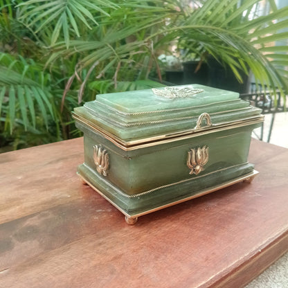 SahajHast Handcrafted Green Aventurine Gemstone Jewelry Box with Lotus Brass Detailing