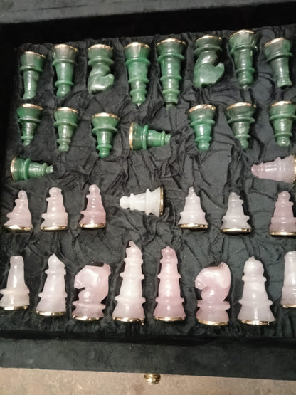 Luxury Green Aventurine & Rose Quartz Chess Table with Brass Accents – 20 Inch