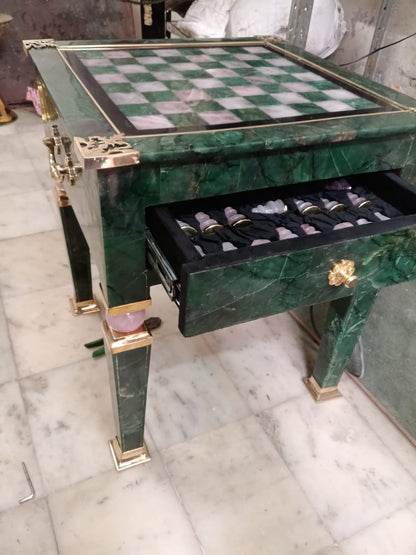 Luxury Green Aventurine & Rose Quartz Chess Table with Brass Accents – 20 Inch