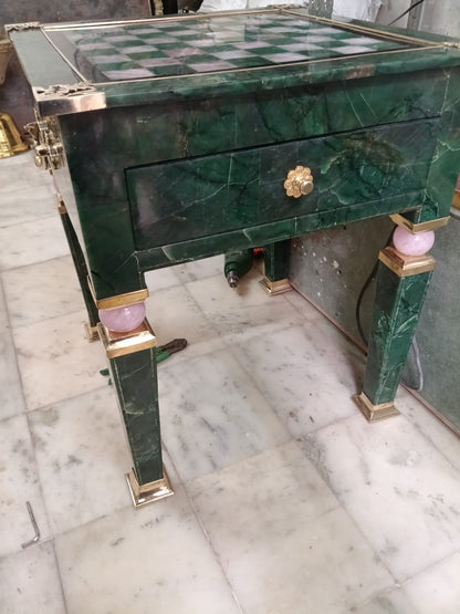 Luxury Green Aventurine & Rose Quartz Chess Table with Brass Accents – 20 Inch
