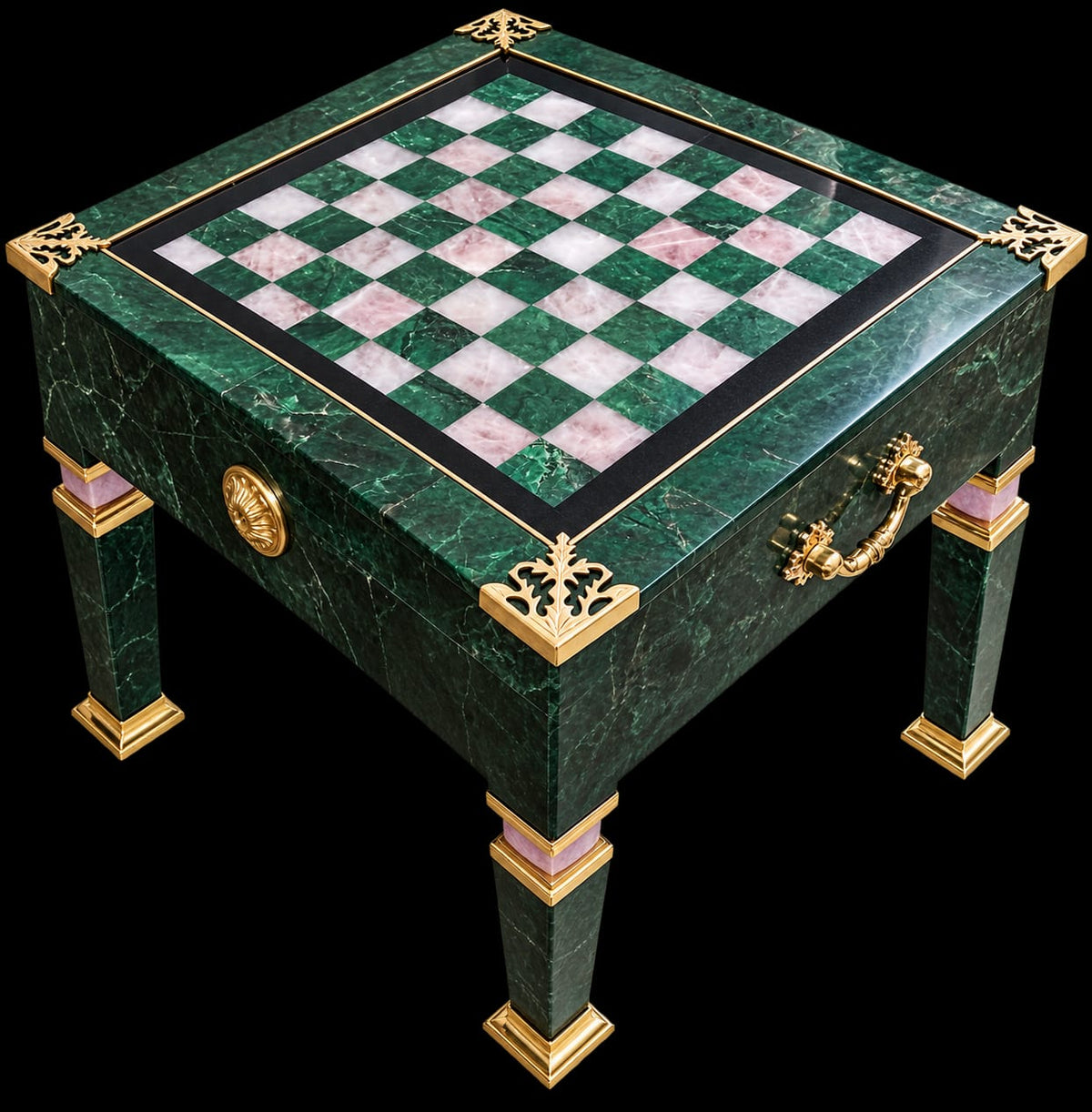 Luxury Green Aventurine & Rose Quartz Chess Table with Brass Accents – 20 Inch