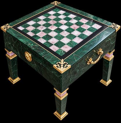 Luxury Green Aventurine & Rose Quartz Chess Table with Brass Accents – 20 Inch