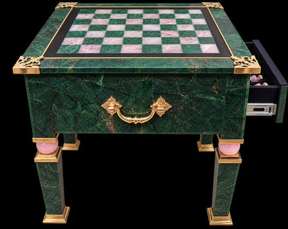 Luxury Green Aventurine & Rose Quartz Chess Table with Brass Accents – 20 Inch