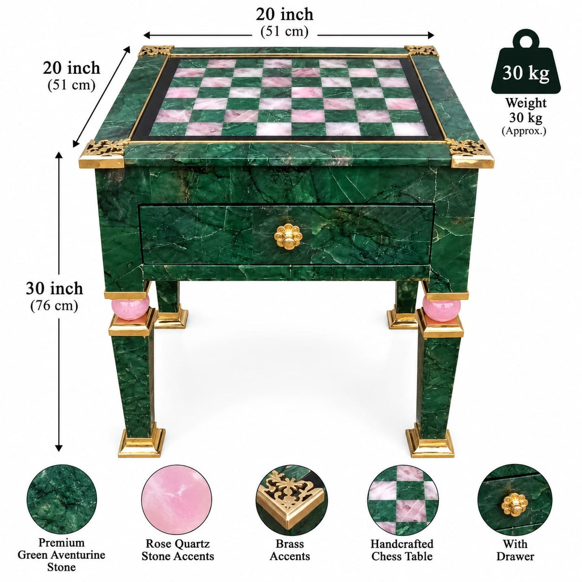Luxury Green Aventurine & Rose Quartz Chess Table with Brass Accents – 20 Inch