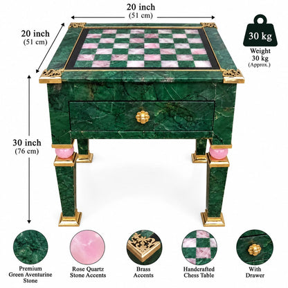 Luxury Green Aventurine & Rose Quartz Chess Table with Brass Accents – 20 Inch