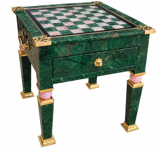 Luxury Green Aventurine & Rose Quartz Chess Table with Brass Accents – 20 Inch