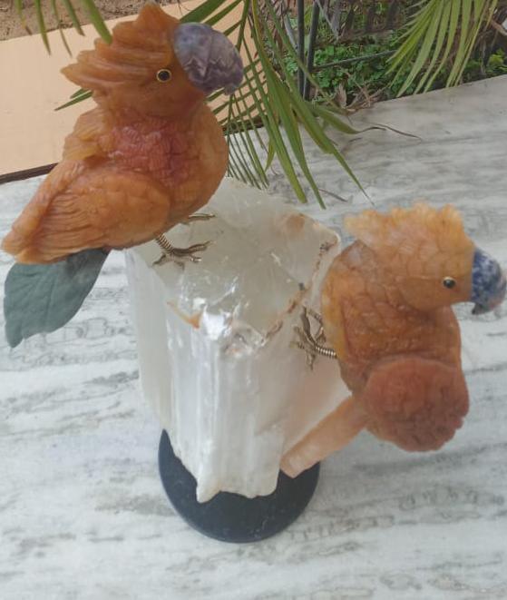 Yellow Aventurine Parrot Pair on Selenite Stand - Sodalite Accents, Handcrafted - ART AKASHA STUDIO