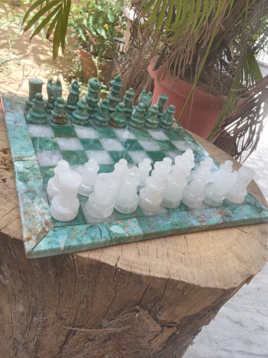 Sahaj Hast Handcrafted Green Jasper & White Quartz Stone Chess Set – With Brass Stand & Storage Box - ART AKASHA STUDIO