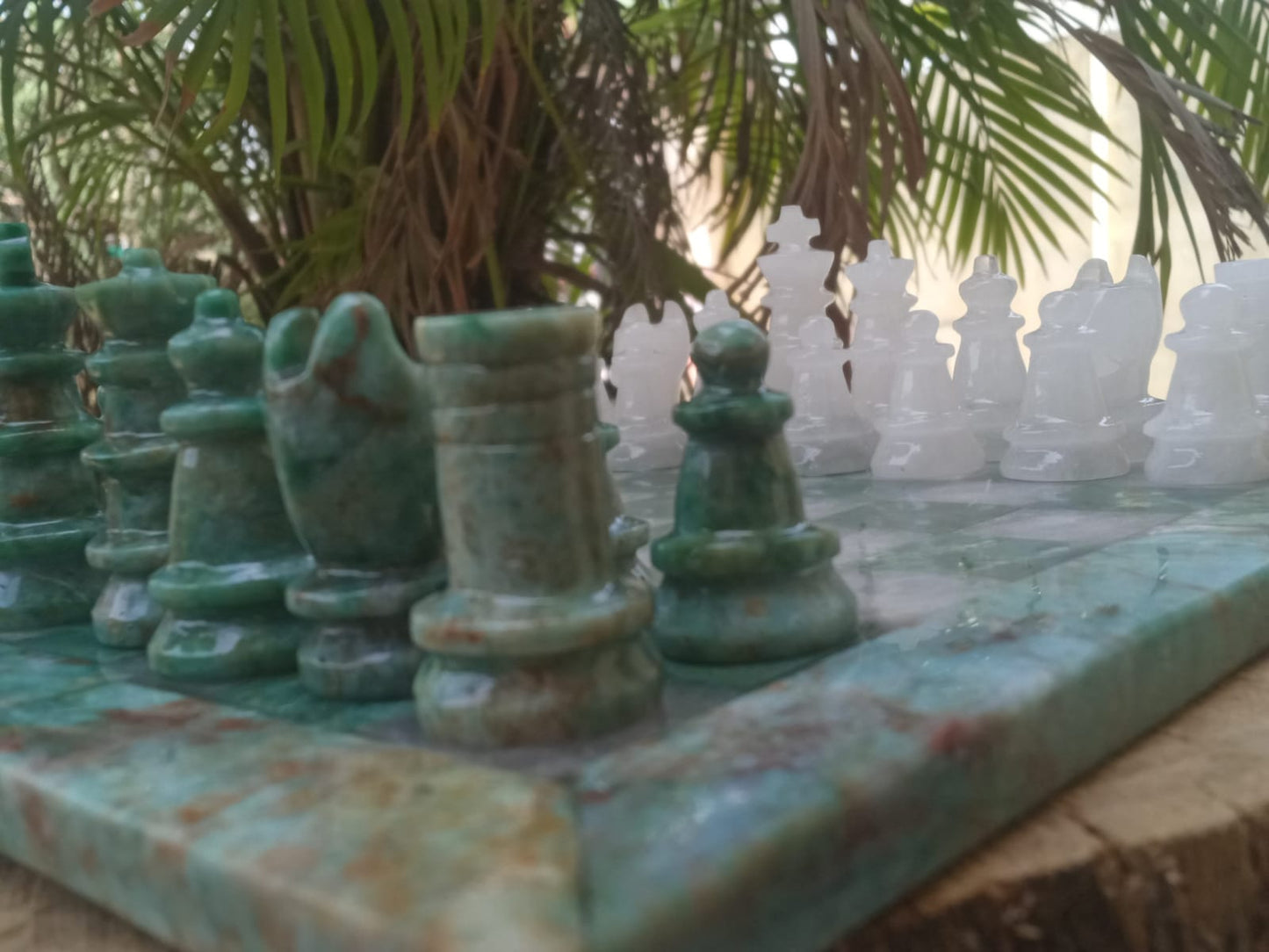 Sahaj Hast Handcrafted Green Jasper & White Quartz Stone Chess Set – With Brass Stand & Storage Box - ART AKASHA STUDIO