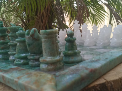 Sahaj Hast Handcrafted Green Jasper & White Quartz Stone Chess Set – With Brass Stand & Storage Box - ART AKASHA STUDIO