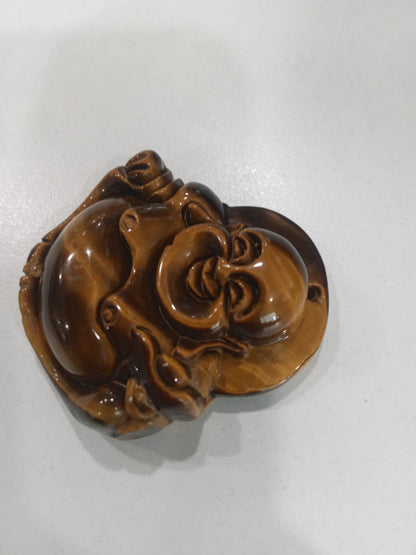 SahajHast Laughing Buddha Pendant – Natural Yellow Tiger Eye Stone | Hand-Carved Gemstone for DIY Jewelry & Spiritual Charm - ART AKASHA STUDIO