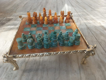 Sahaj Hast Handcrafted Yellow Aventurine & Green Jasper Stone Chess Set – With Brass Stand & Storage Box - ART AKASHA STUDIO