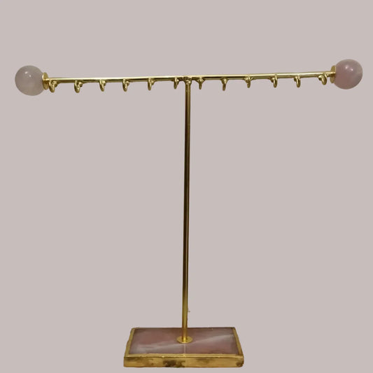 Gold-Plated Jewellery Stand with Natural Rose Quartz Base | Handcrafted Luxury Organizer