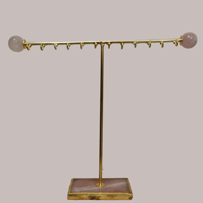 Gold-Plated Jewellery Stand with Natural Rose Quartz Base | Handcrafted Luxury Organizer